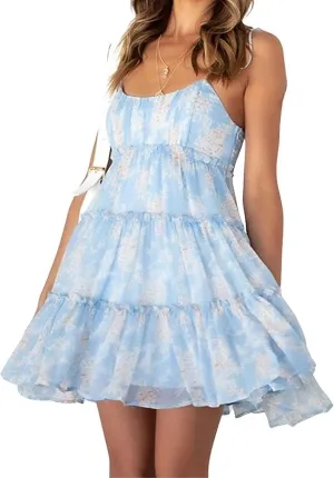 Womens 2025 Summer Floral Mini Dress Boho Flowy Skater Spaghetti Strap Ruffle Sleeveless Beach Dress Sundresses