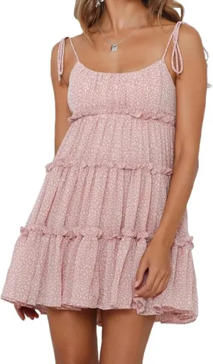 Womens 2025 Summer Floral Mini Dress Boho Flowy Skater Spaghetti Strap Ruffle Sleeveless Beach Dress Sundresses