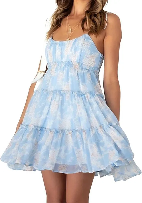 Womens 2025 Summer Floral Mini Dress Boho Flowy Skater Spaghetti Strap Ruffle Sleeveless Beach Dress Sundresses