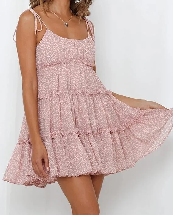 Womens 2025 Summer Floral Mini Dress Boho Flowy Skater Spaghetti Strap Ruffle Sleeveless Beach Dress Sundresses