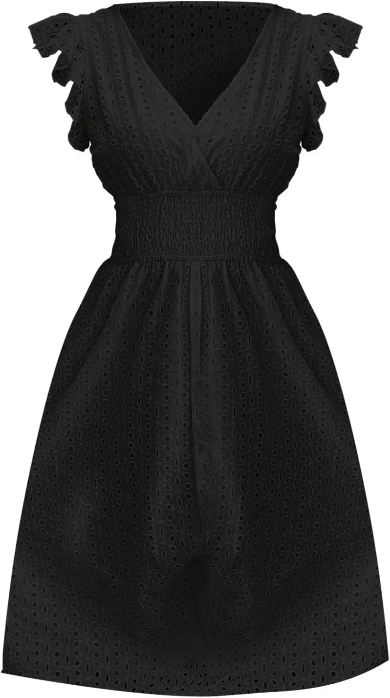 Womens 2025 Summer Short Dress V Neck Short Sleeve A Line Hollow Out Lace Ruffle Cute Casual Beach Party Dresses