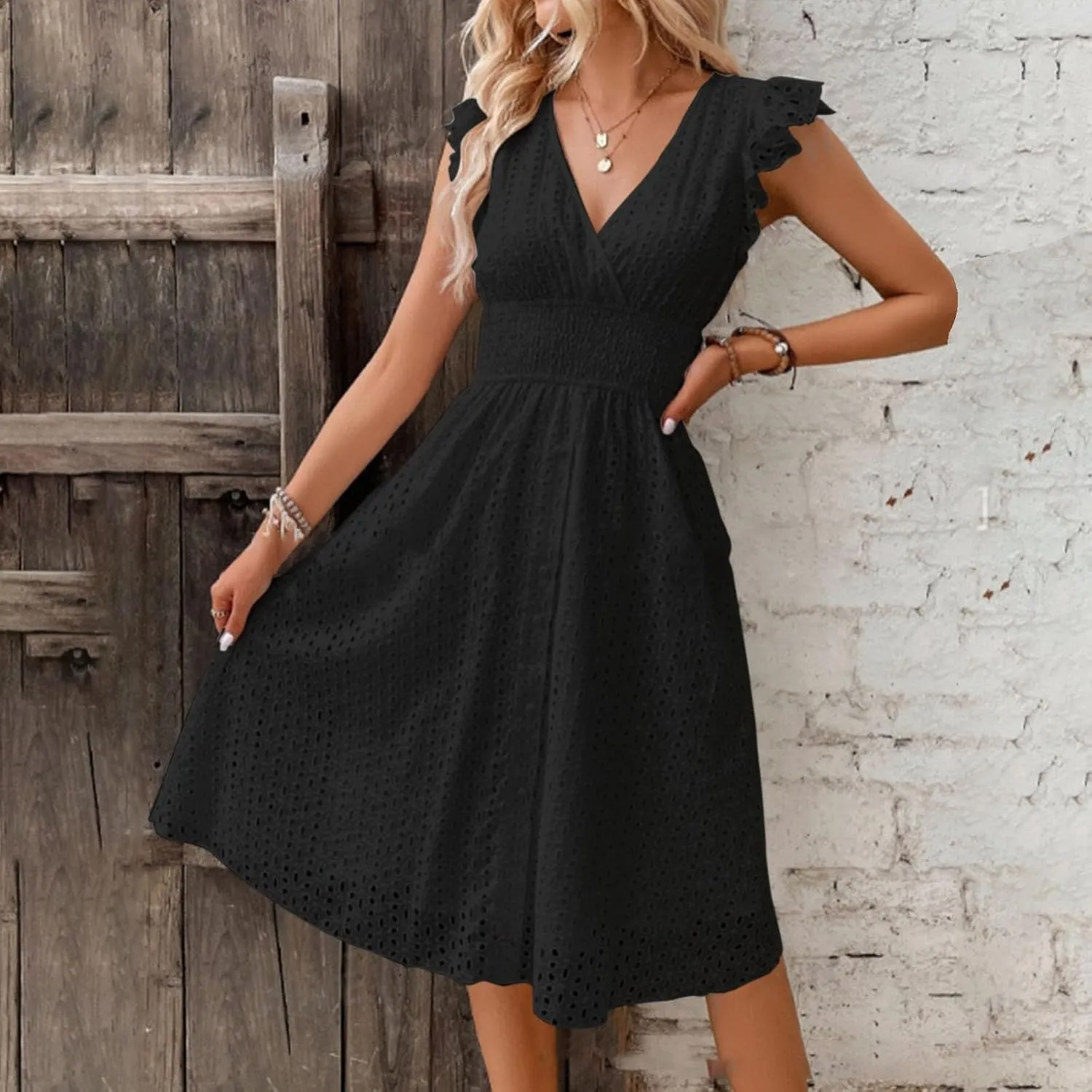 Womens 2025 Summer Short Dress V Neck Short Sleeve A Line Hollow Out Lace Ruffle Cute Casual Beach Party Dresses