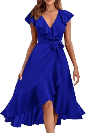 Women's 2025 Summer Wrap Midi Dress Casual Boho Deep V Neck Short Sleeve Ruffle Hem Split Beach Long Dresses
