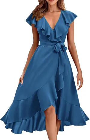 Women's 2025 Summer Wrap Midi Dress Casual Boho Deep V Neck Short Sleeve Ruffle Hem Split Beach Long Dresses