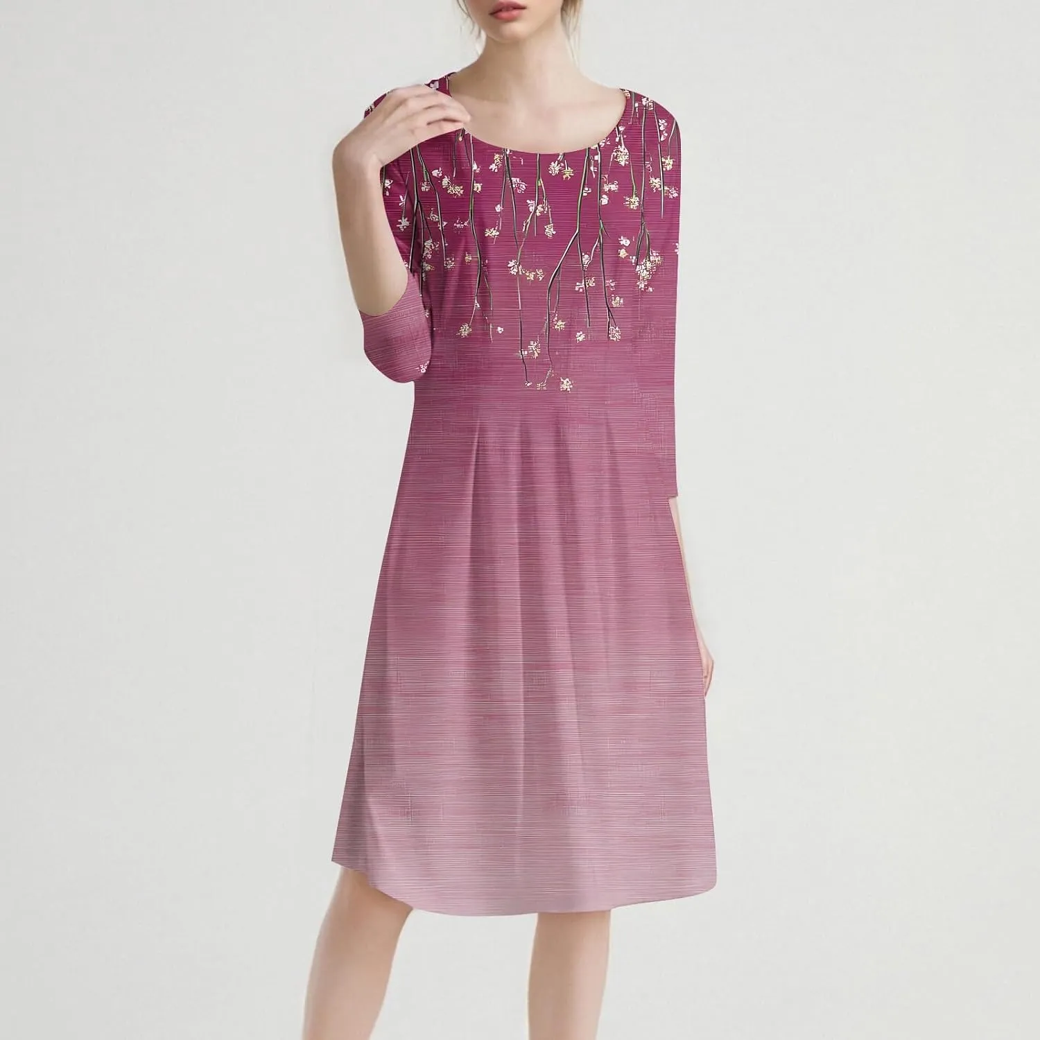 Women's 3/4 Sleeve Midi Dress Casual Round Neck Summer Dresses 2025 A Line Floral Print Curvy Dress with Pockets