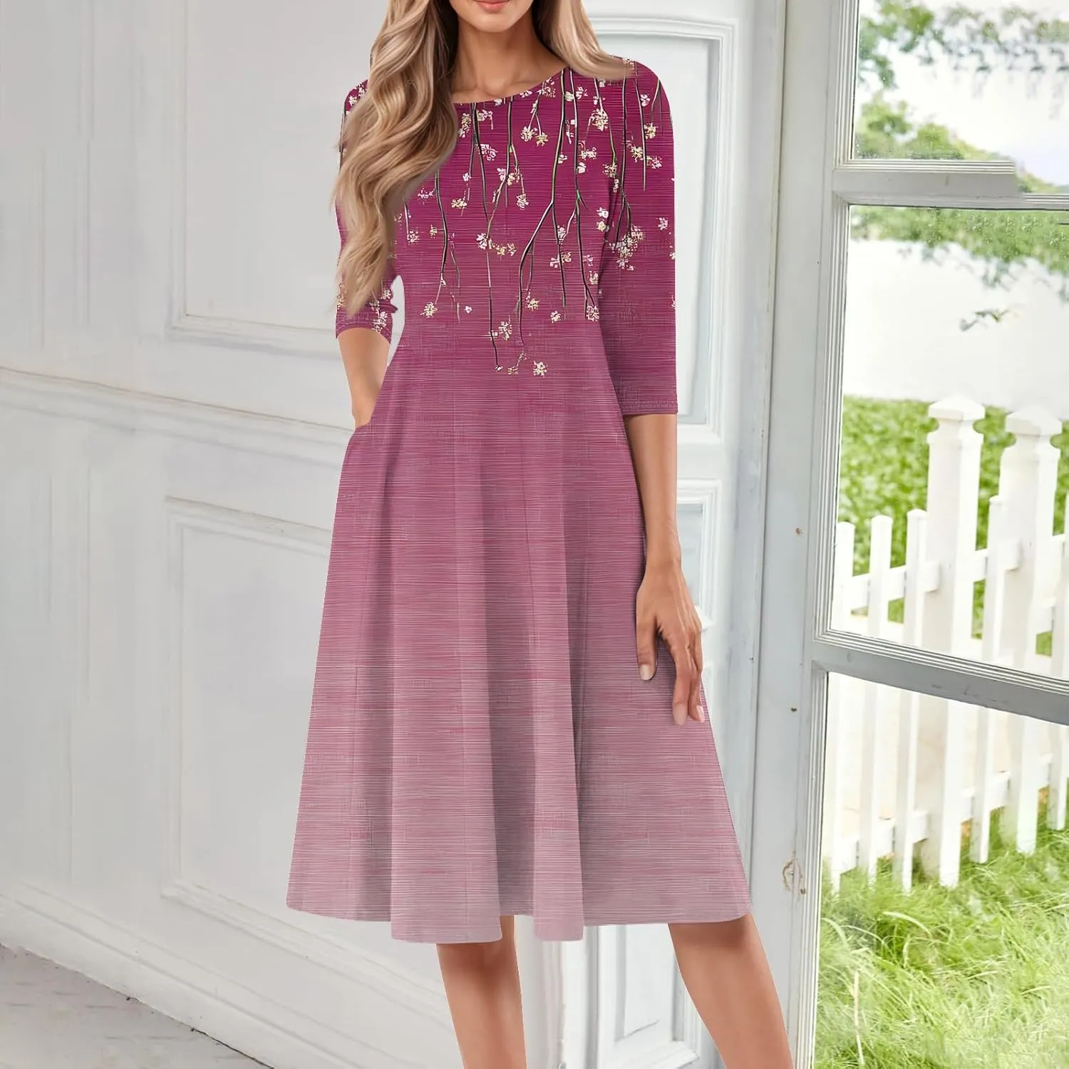 Women's 3/4 Sleeve Midi Dress Casual Round Neck Summer Dresses 2025 A Line Floral Print Curvy Dress with Pockets