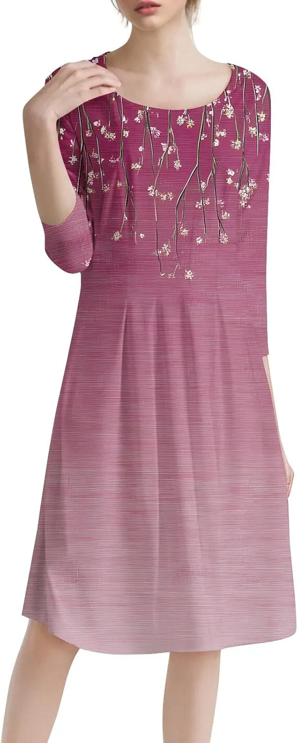 Women's 3/4 Sleeve Midi Dress Casual Round Neck Summer Dresses 2025 A Line Floral Print Curvy Dress with Pockets