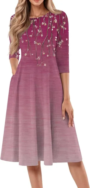 Women's 3/4 Sleeve Midi Dress Casual Round Neck Summer Dresses 2025 A Line Floral Print Curvy Dress with Pockets