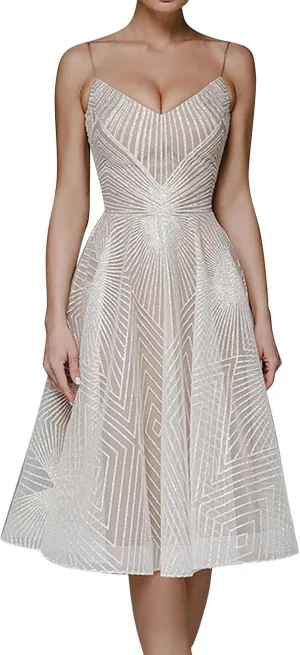Women's A Line Lace Appliques Long Wedding Dresses for Bride Chiffon Boho Bridal Gowns with Split Dinner Dresses Beige
