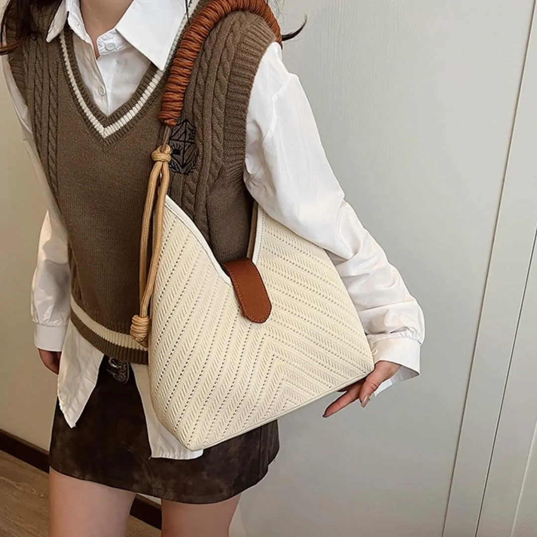 Women's Autumn Large Capacity Casual Commute Tote Bag, Lightweight Knitted Bucket Bag with Comfortable Strap