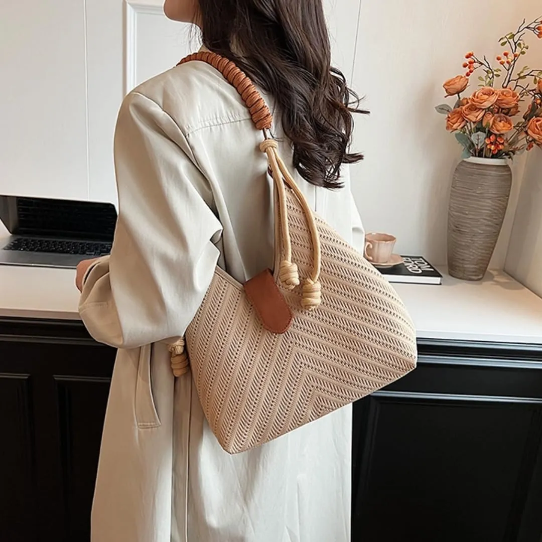 Women's Autumn Large Capacity Casual Commute Tote Bag, Lightweight Knitted Bucket Bag with Comfortable Strap