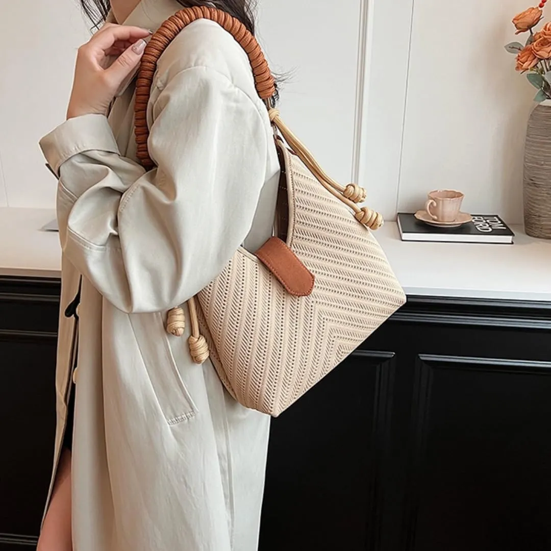 Women's Autumn Large Capacity Casual Commute Tote Bag, Lightweight Knitted Bucket Bag with Comfortable Strap