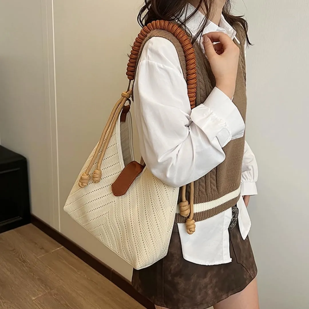 Women's Autumn Large Capacity Casual Commute Tote Bag, Lightweight Knitted Bucket Bag with Comfortable Strap