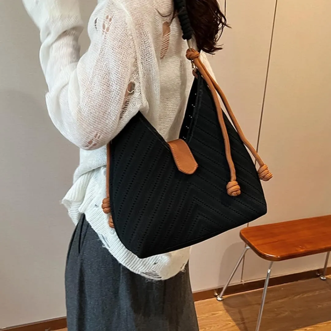 Women's Autumn Large Capacity Casual Commute Tote Bag, Lightweight Knitted Bucket Bag with Comfortable Strap
