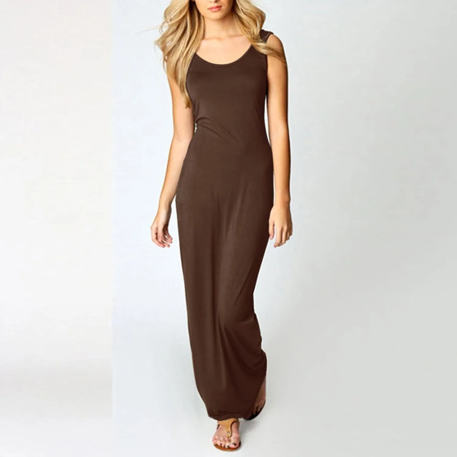 Womens Bodycon Dresses Plus Size Sleeveless Maxi Dress Elastic Solid Color Long Tank Sundress Summer Casual Outfits