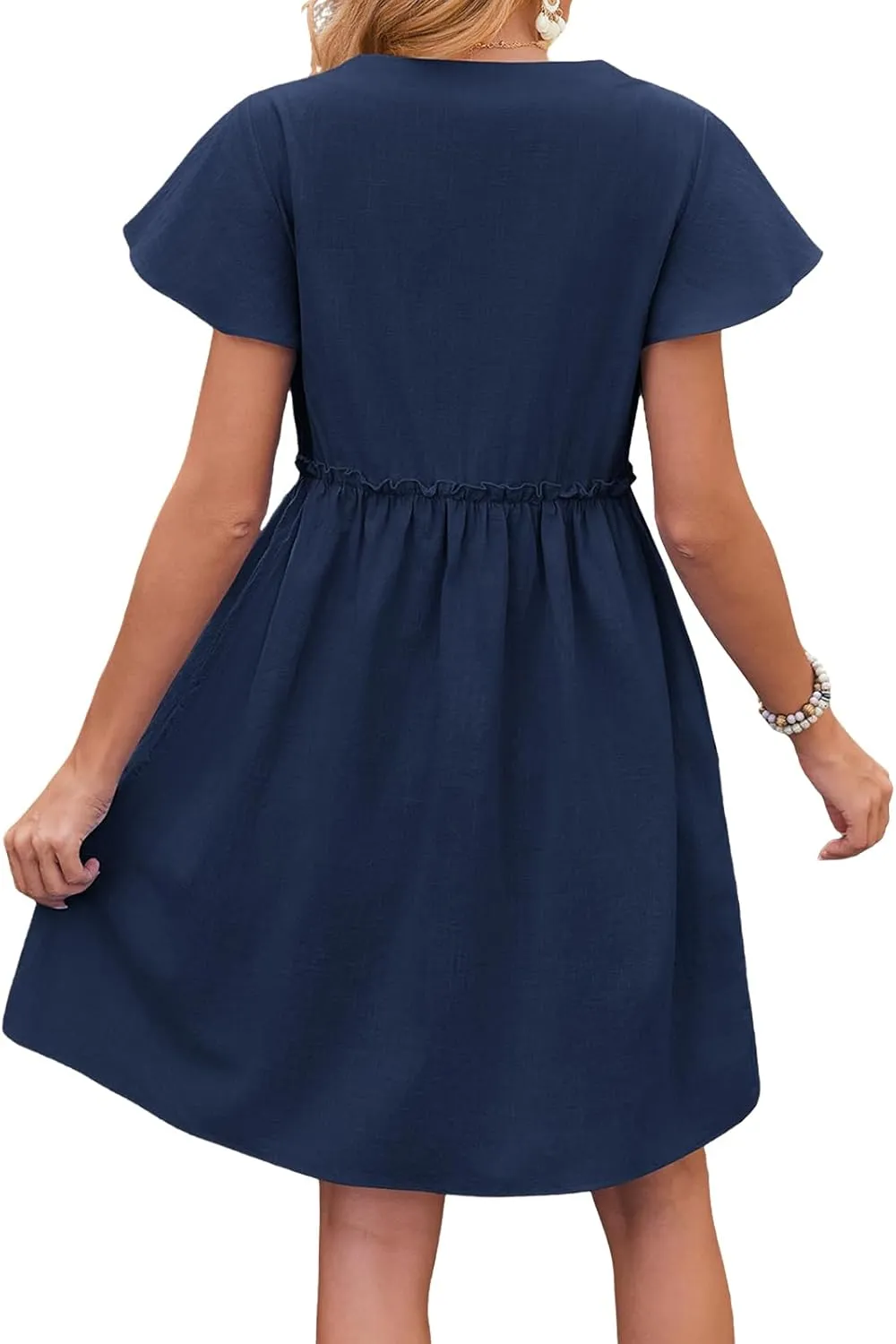 Womens Boho Dresses 2025 Button Down Summer Dresses Short Sleeve V Neck Dress Flowy Smocked Ruffle A Line Mini Dress