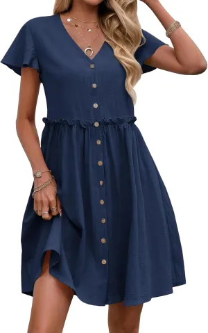 Womens Boho Dresses 2025 Button Down Summer Dresses Short Sleeve V Neck Dress Flowy Smocked Ruffle A Line Mini Dress