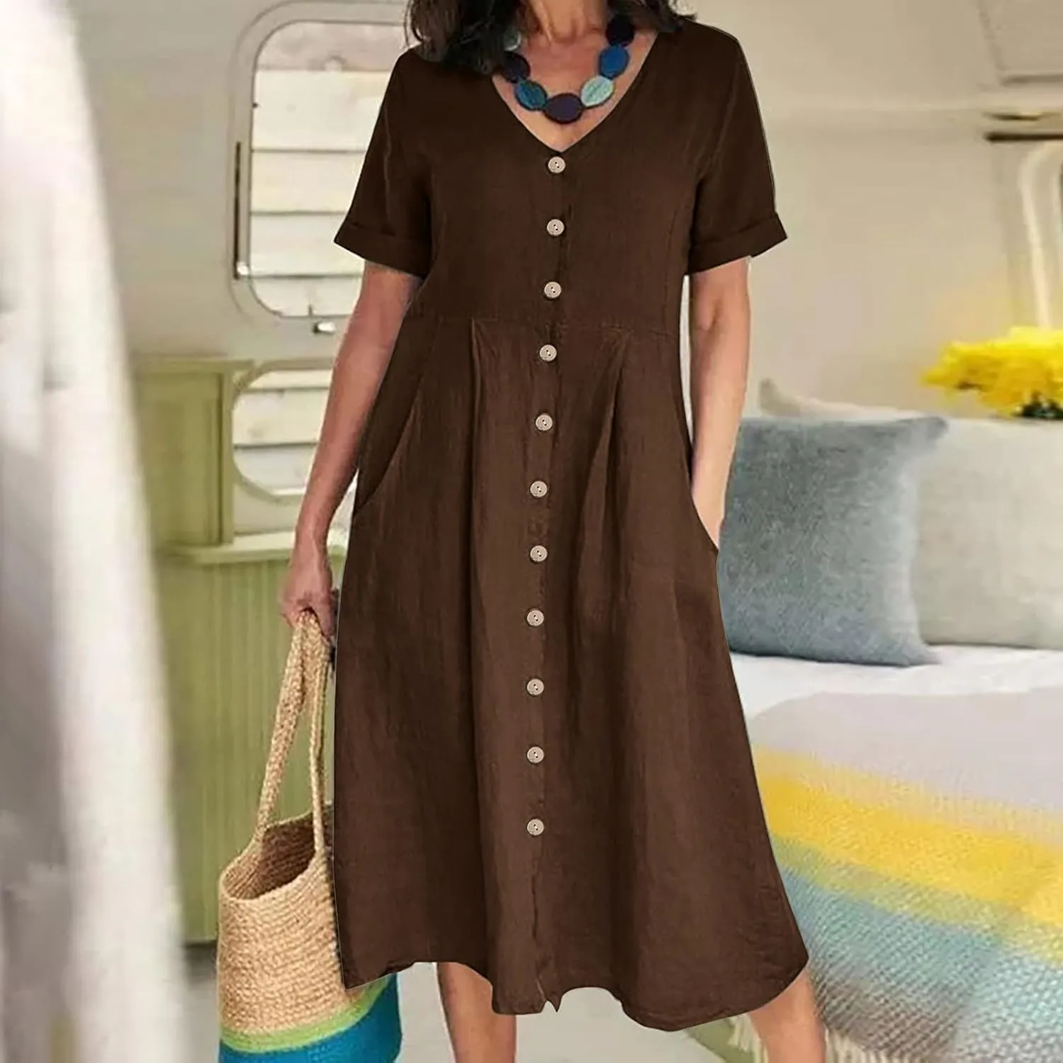 Women's Button Down Shirts Dresses with Pockets Cotton Button Up Blous Dress Casual Casual Short Sleeve Solid Clothes