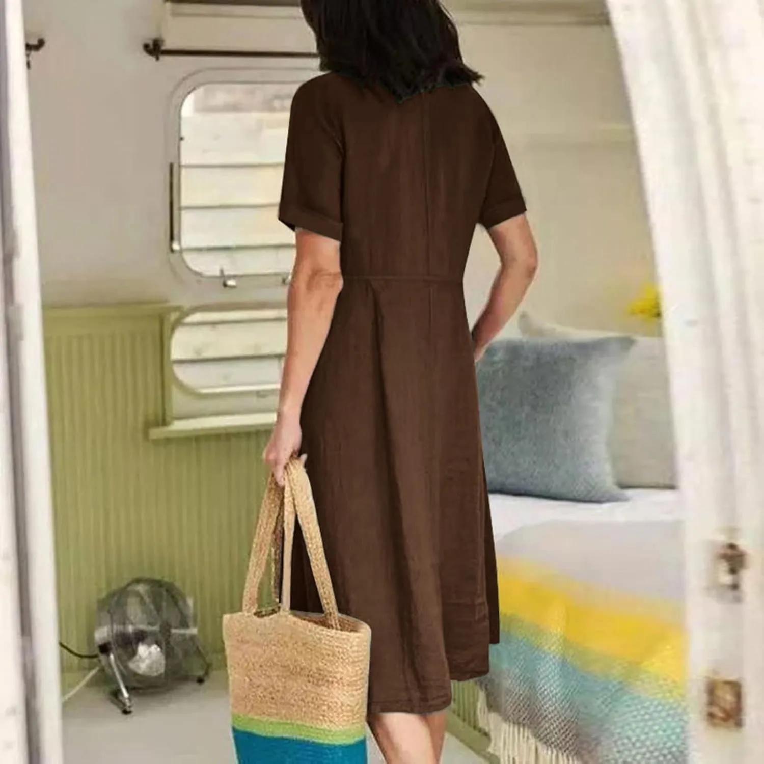 Women's Button Down Shirts Dresses with Pockets Cotton Button Up Blous Dress Casual Casual Short Sleeve Solid Clothes