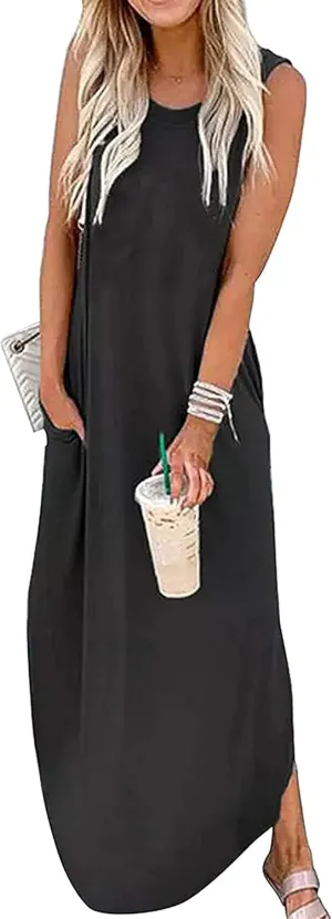 Women's Casual Beach Summer Dresses Sleeveless Graphic Long Sundress Cover Up Dresses with Pocket