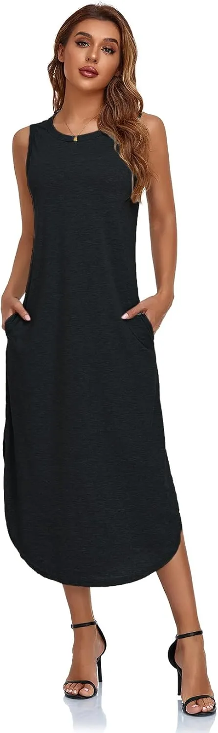 Women's Casual Beach Summer Dresses Sleeveless Graphic Long Sundress Cover Up Dresses with Pocket