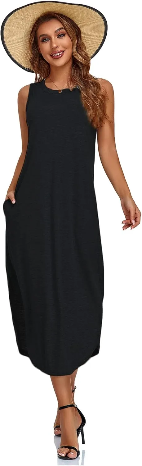 Women's Casual Beach Summer Dresses Sleeveless Graphic Long Sundress Cover Up Dresses with Pocket
