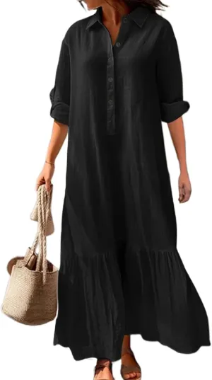 Women's Casual Button Down Cotton Linen Maxi Dress Long Sleeve Casual Lapel Flowy Dresses Loose Beach Vacation Dress