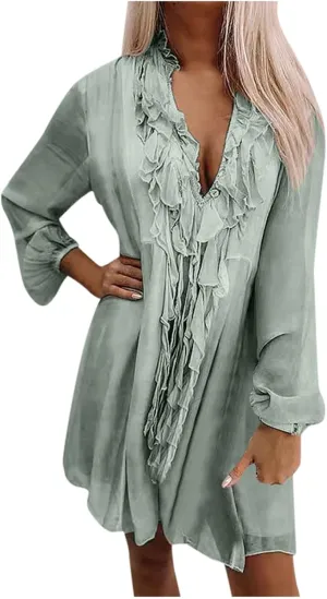 Women's Casual Dresses 2025 Summer Ruffle Short Sleeve Sundress V Neck Tunic Casual Loose Flowy Swing Shift Mini Dress