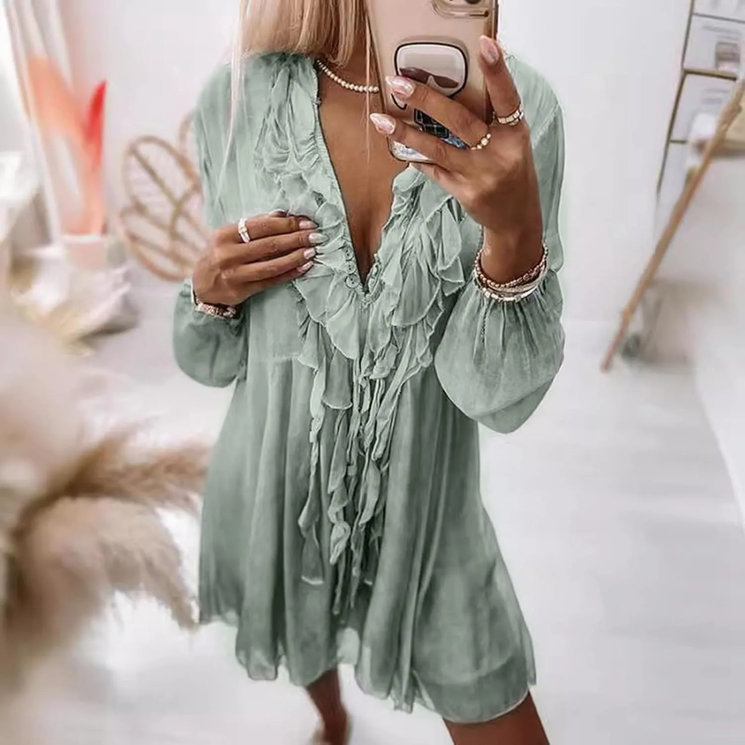 Women's Casual Dresses 2025 Summer Ruffle Short Sleeve Sundress V Neck Tunic Casual Loose Flowy Swing Shift Mini Dress