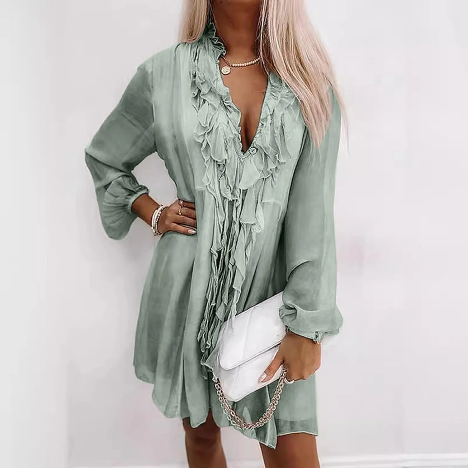 Women's Casual Dresses 2025 Summer Ruffle Short Sleeve Sundress V Neck Tunic Casual Loose Flowy Swing Shift Mini Dress
