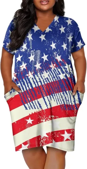 Women's Casual Dresses Plus Size Short Sleeve Summer Sundress with Pocket V Neck Midi Dress