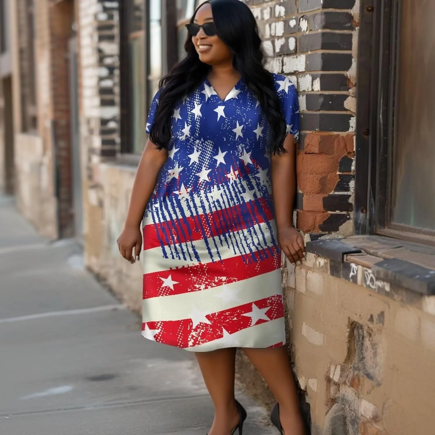 Women's Casual Dresses Plus Size Short Sleeve Summer Sundress with Pocket V Neck Midi Dress