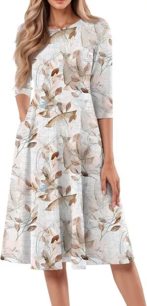 Women's Casual Dresses Summer Casual Loose Trendy 3/4 Sleeve Floral Stripe Printed Boho Dress Plus Size, S-3XL