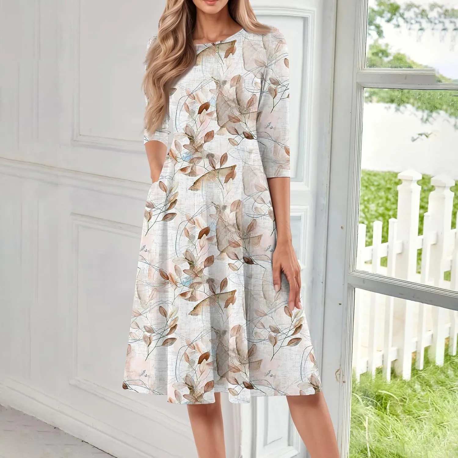 Women's Casual Dresses Summer Casual Loose Trendy 3/4 Sleeve Floral Stripe Printed Boho Dress Plus Size, S-3XL