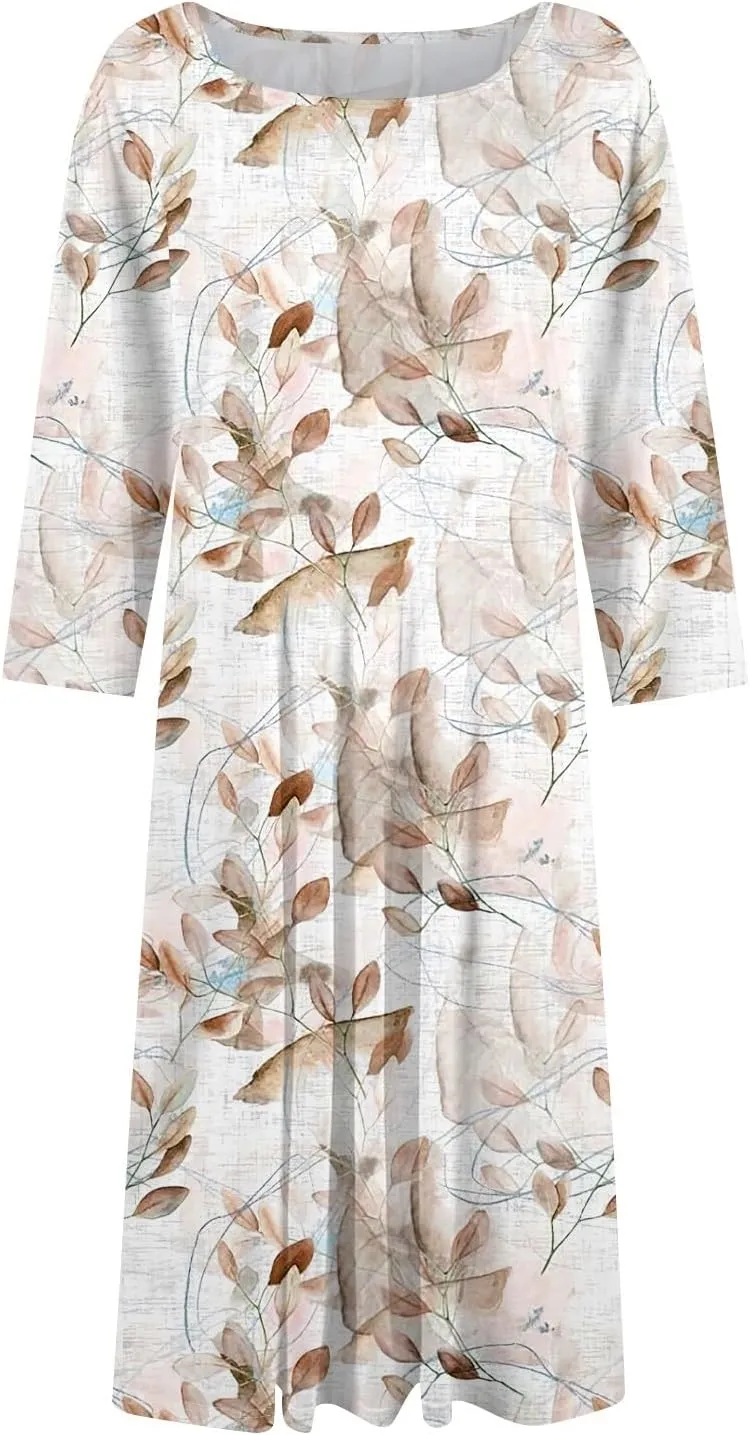 Women's Casual Dresses Summer Casual Loose Trendy 3/4 Sleeve Floral Stripe Printed Boho Dress Plus Size, S-3XL