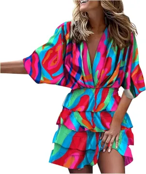 Women's Casual Dresses Summer Casual V-Neck Short Sleeve Midi Dress 2024 Loose Swing Flowy Floral Dresses, S-2XL