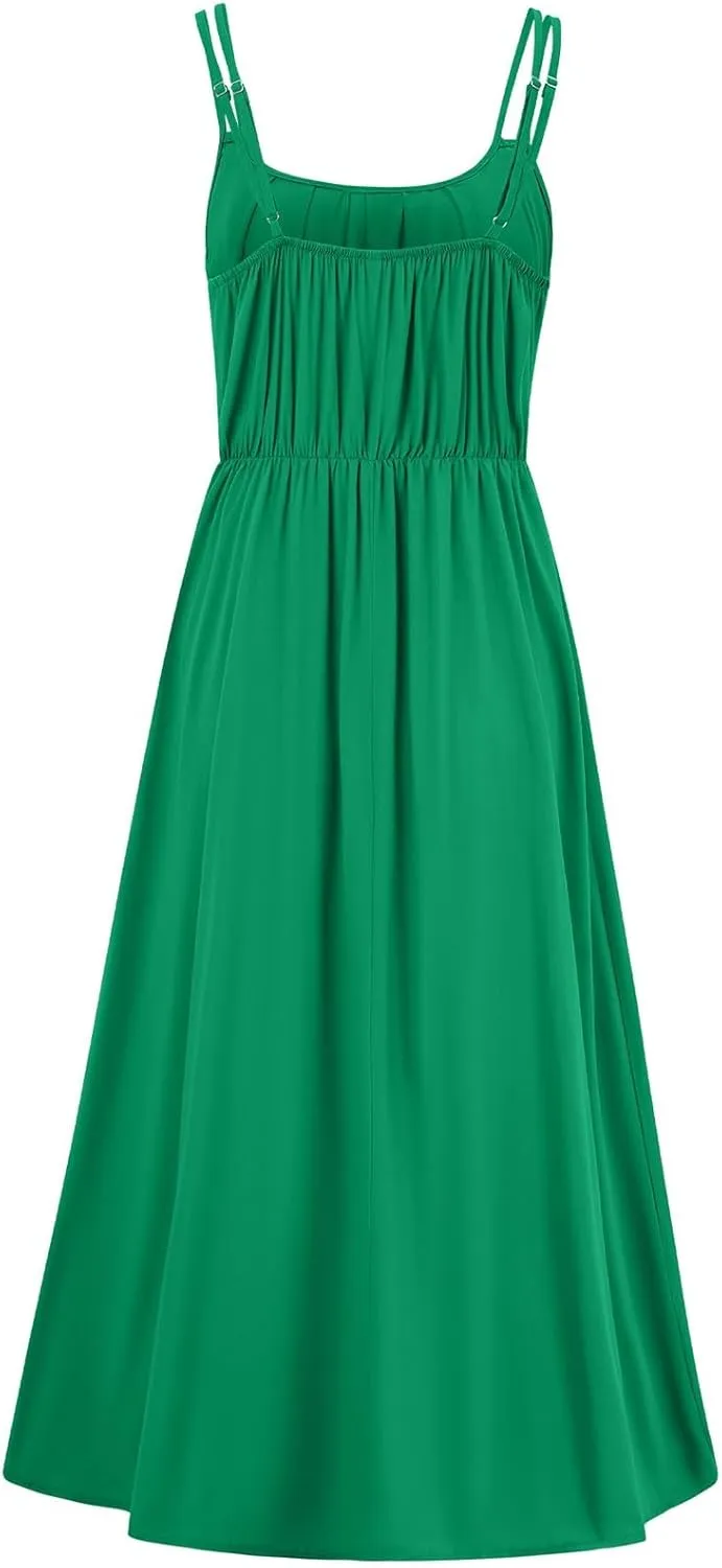 Women's Casual Sexy Solid Color Slim Tie Front Smocked Dresses with Belt Casual Boho Spaghetti Strap Beach Sundress