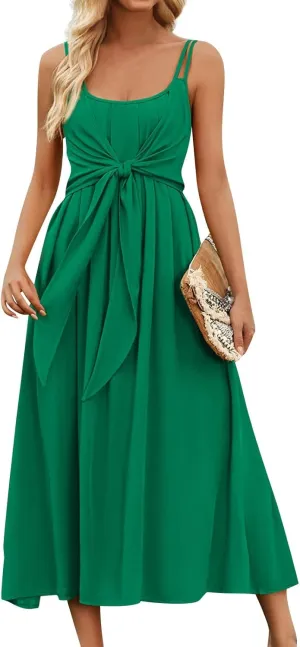 Women's Casual Sexy Solid Color Slim Tie Front Smocked Dresses with Belt Casual Boho Spaghetti Strap Beach Sundress