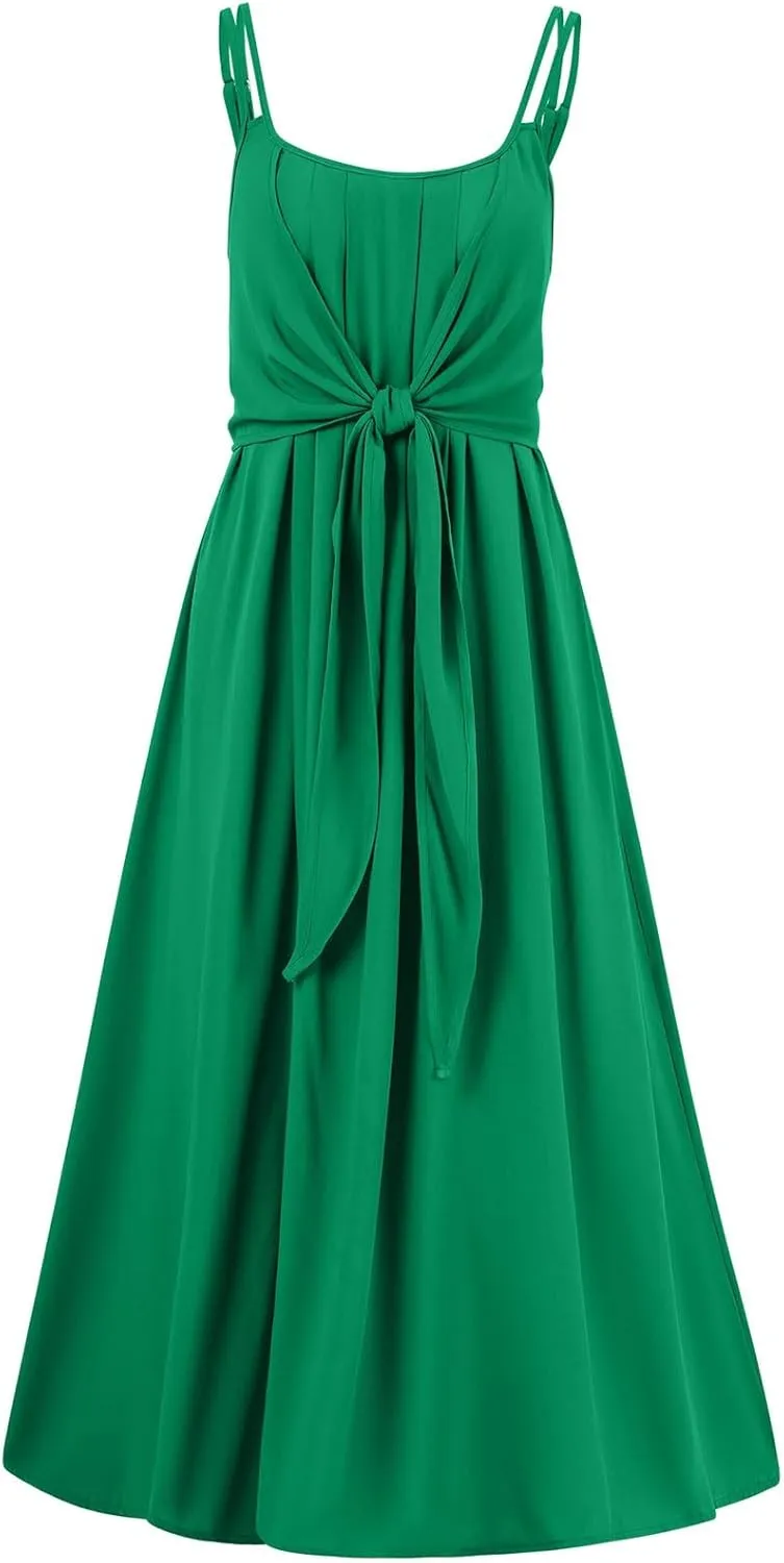 Women's Casual Sexy Solid Color Slim Tie Front Smocked Dresses with Belt Casual Boho Spaghetti Strap Beach Sundress