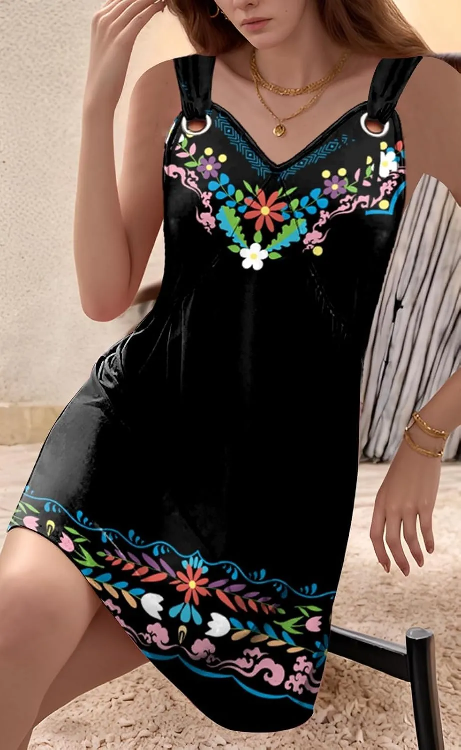 Womens Casual Summer Sleeveless O Ring Shoulder V Neck Swing Short Dress High Waisted Mini Dress with Pockets