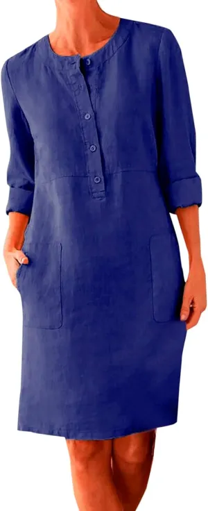 Womens Cotton Linen Dresses with Pockets Summer Beach Casual Button Down Shift Dress Long Sleeve Roll Up Sun Dress