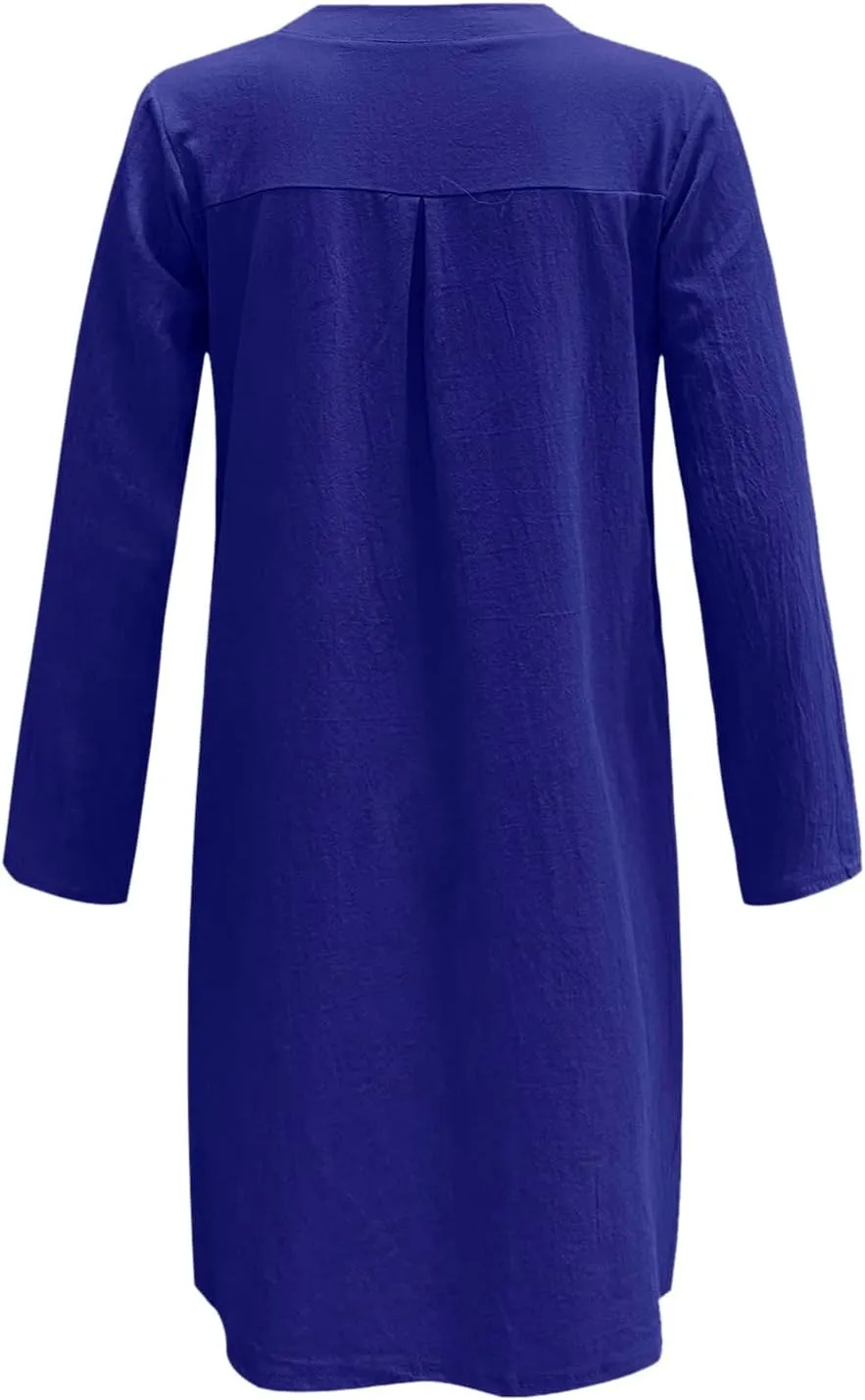 Womens Cotton Linen Dresses with Pockets Summer Beach Casual Button Down Shift Dress Long Sleeve Roll Up Sun Dress