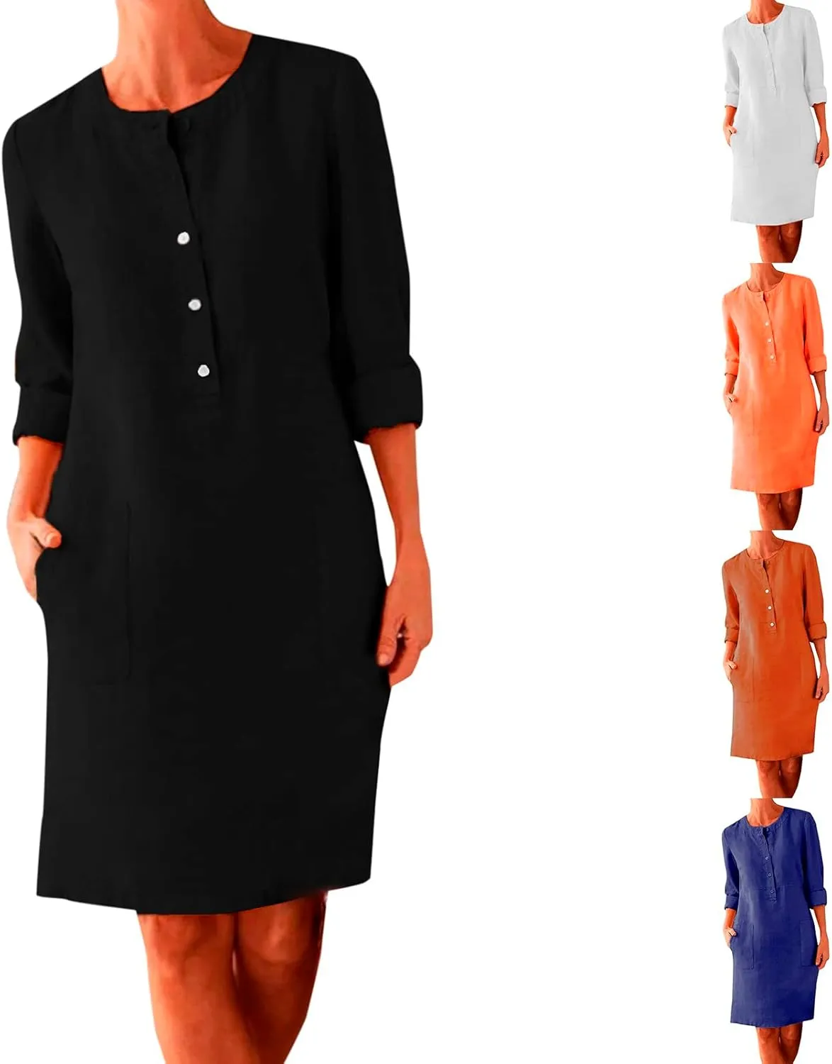 Womens Cotton Linen Dresses with Pockets Summer Beach Casual Button Down Shift Dress Long Sleeve Roll Up Sun Dress