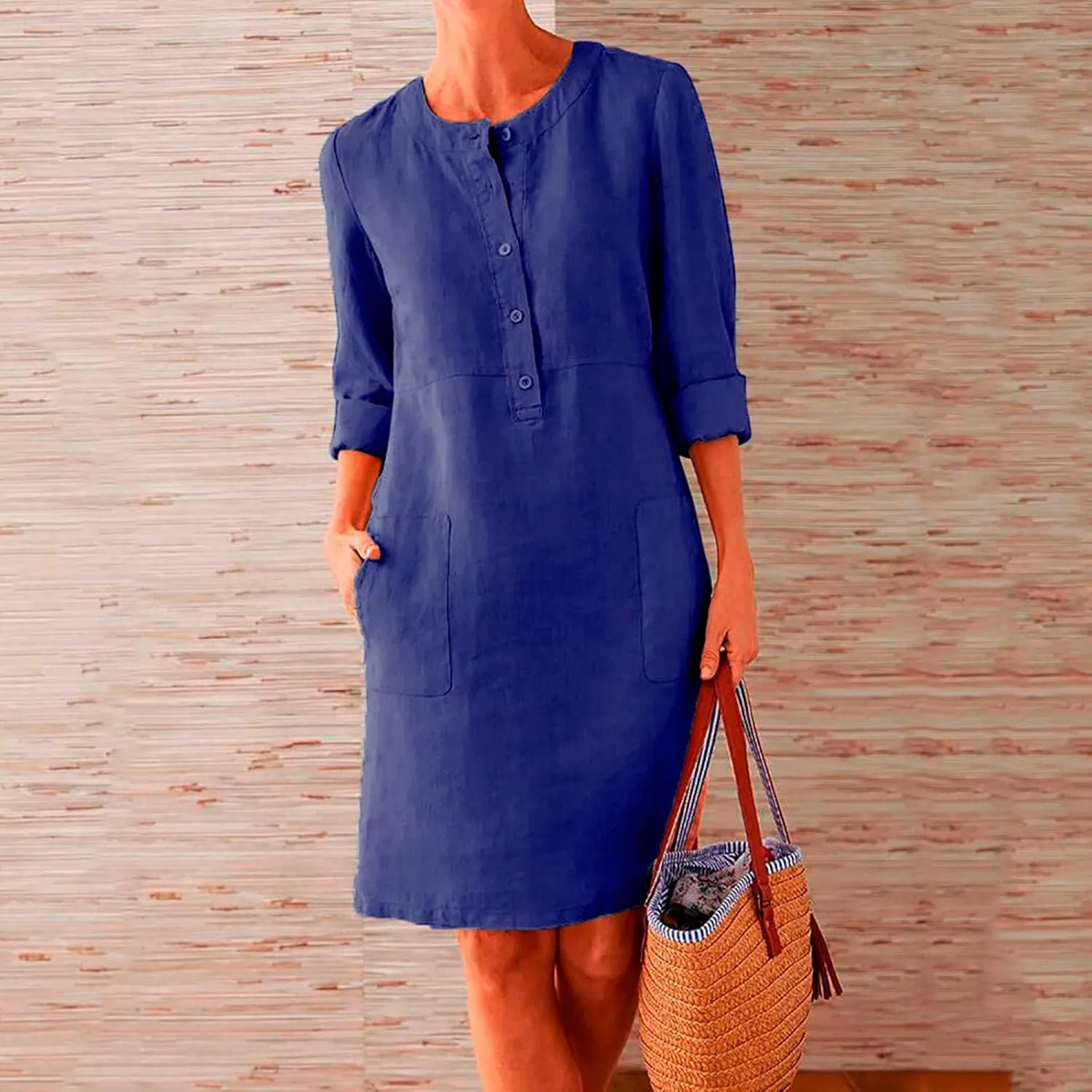 Womens Cotton Linen Dresses with Pockets Summer Beach Casual Button Down Shift Dress Long Sleeve Roll Up Sun Dress