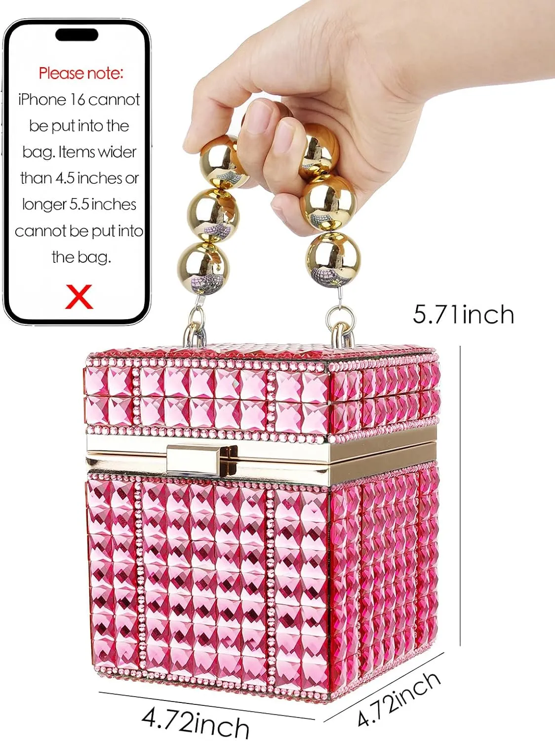 Women's Cube Shape Rhinestone Square Glitter Evening Clutch with Gold Ball Handle Decoration for Formal Wedding Prom Party