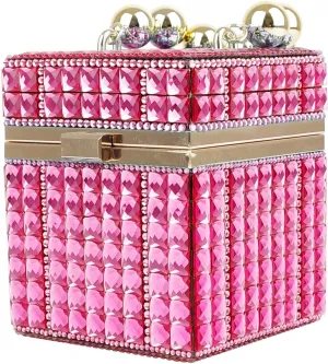Women's Cube Shape Rhinestone Square Glitter Evening Clutch with Gold Ball Handle Decoration for Formal Wedding Prom Party