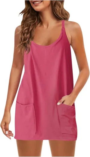 Womens Dresses Casual 2025 Solid Spaghetti Strap V Neck Mini Dress Fashion Casual A Line Beach Dresses with Pocket