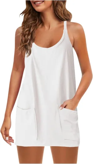 Womens Dresses Casual 2025 Solid Spaghetti Strap V Neck Mini Dress Fashion Casual A Line Beach Dresses with Pocket