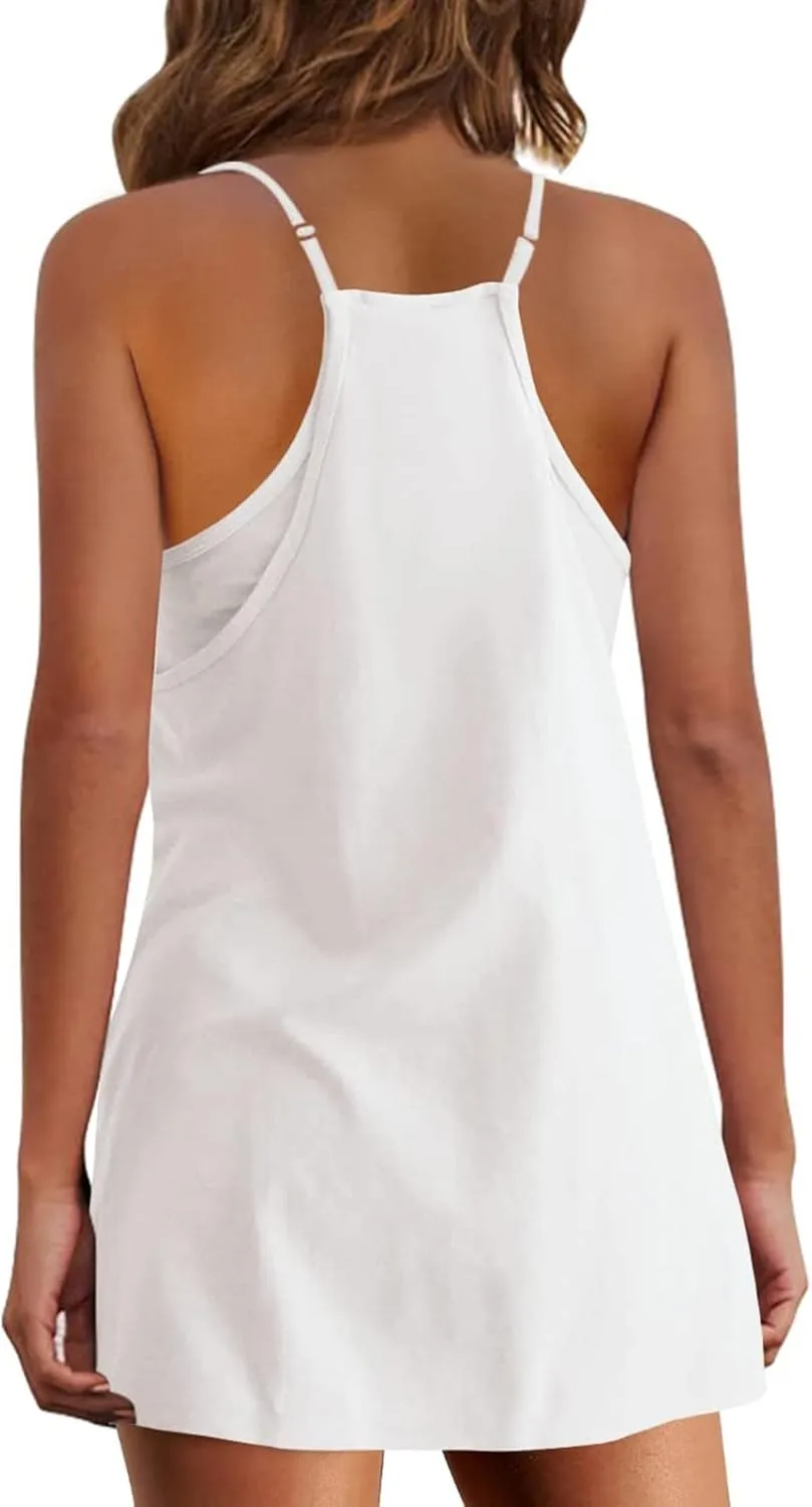 Womens Dresses Casual 2025 Solid Spaghetti Strap V Neck Mini Dress Fashion Casual A Line Beach Dresses with Pocket