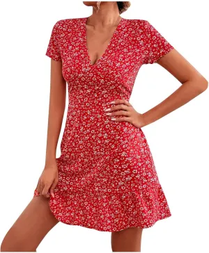 Women's Dresses Casual Summer Deep V-Neck Floral Print Sundress Sexy Casual High Waist Short Sleeves Dress, S-2XL